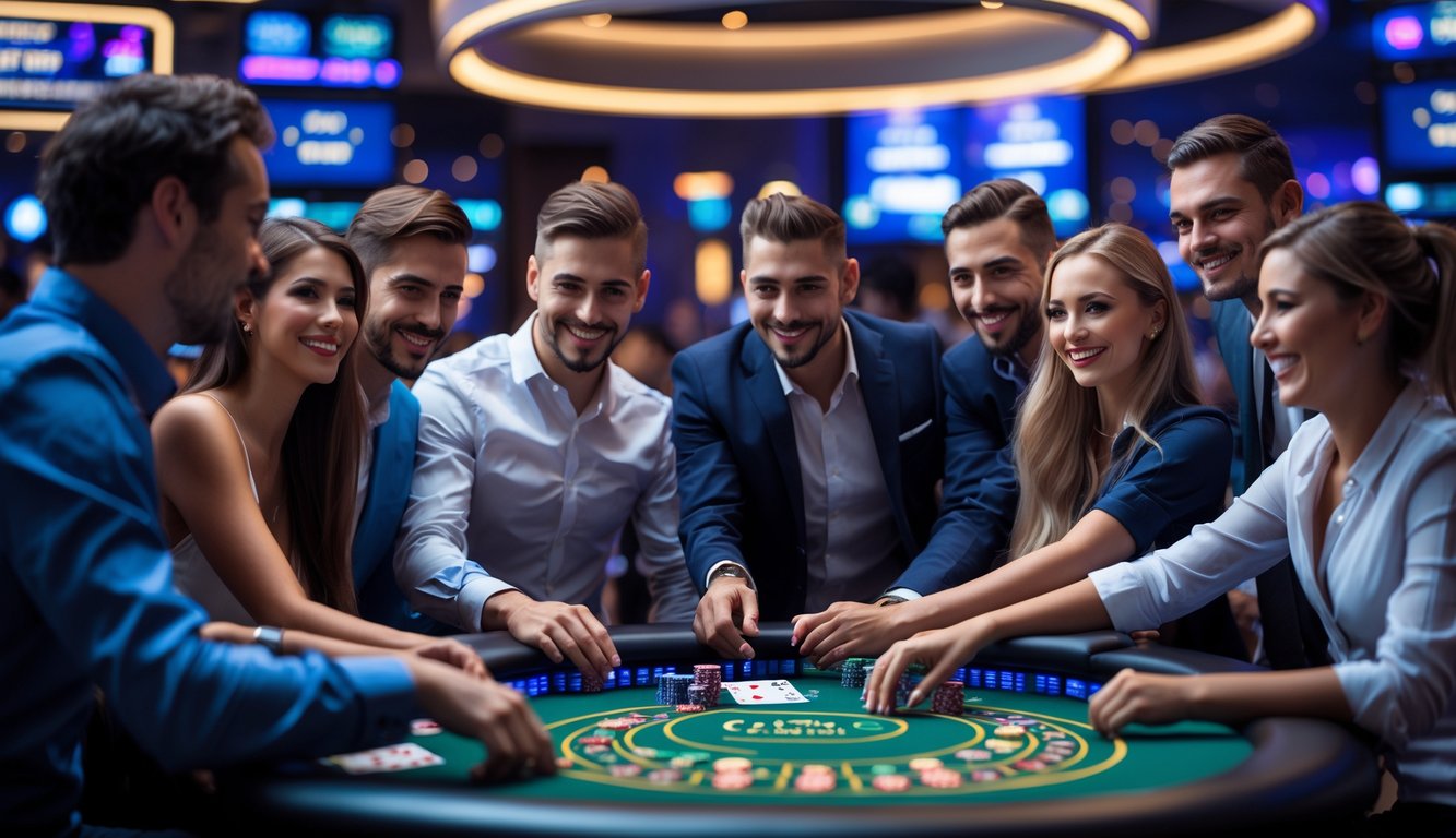 Sejumlah pemain yang antusias sedang bermain di meja kasino langsung dengan dealer yang ramah di latar belakang layar digital.