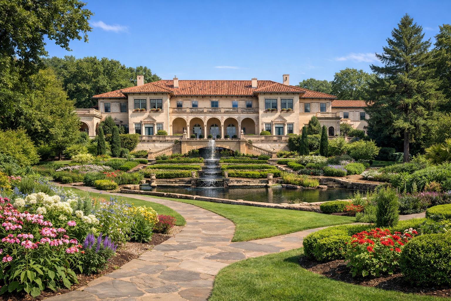 Historic villa surrounded by colorful gardens and trees under a clear blue sky.