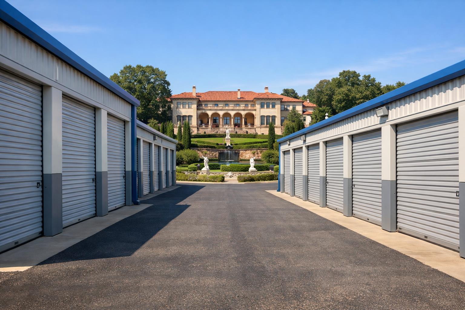 An outdoor view of storage units with a museum building and gardens visible in the background under a clear sky.