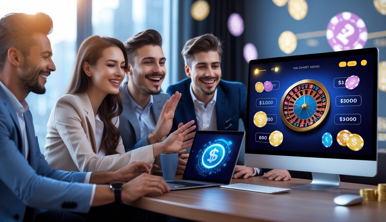 Sekelompok orang muda bermain permainan kasino online secara langsung dengan perangkat elektronik di meja komputer.