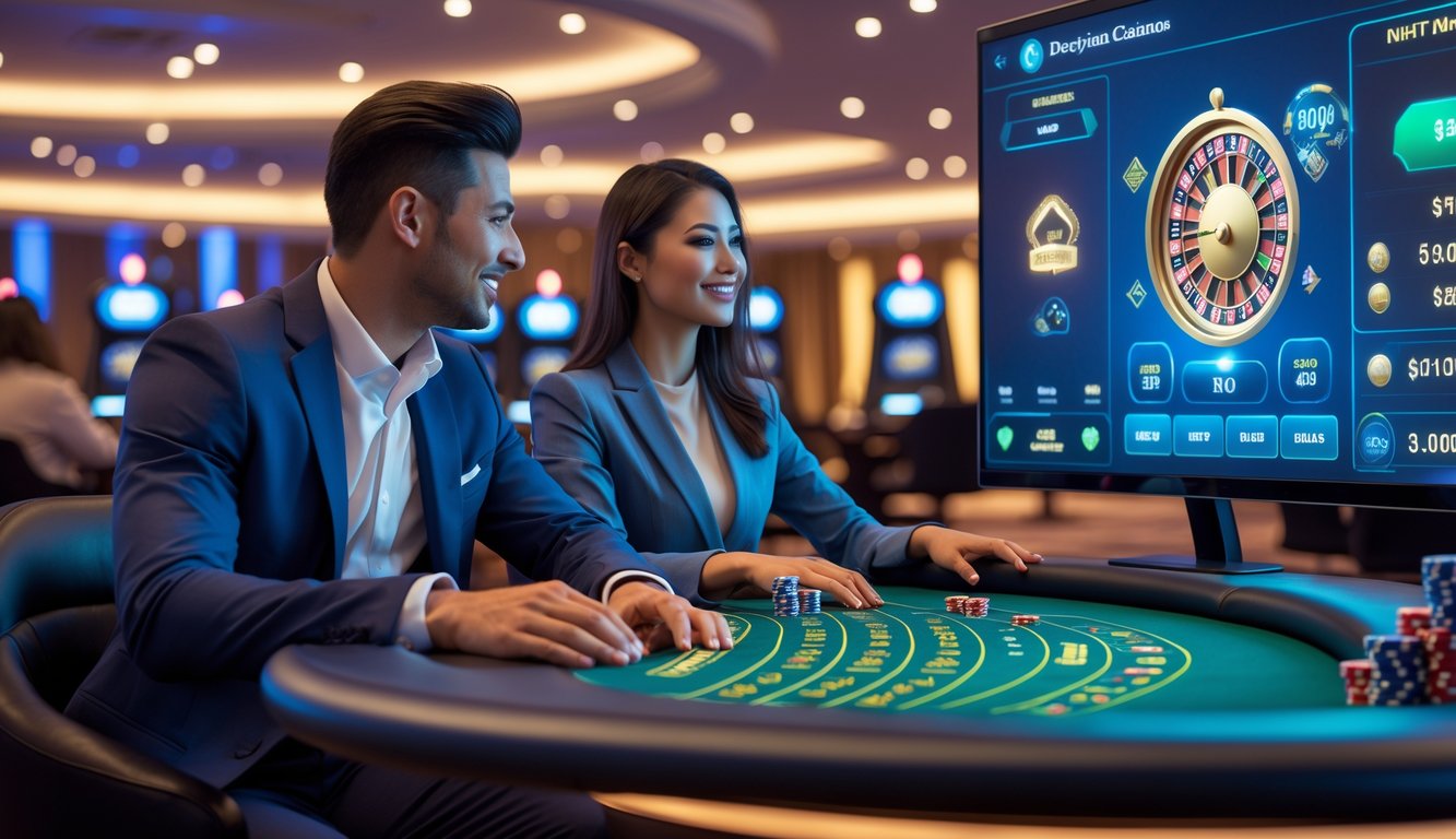 Seorang pria dan wanita muda duduk di meja permainan kasino online dengan dealer langsung di layar besar, menunjukkan suasana kasino yang modern dan terpercaya.