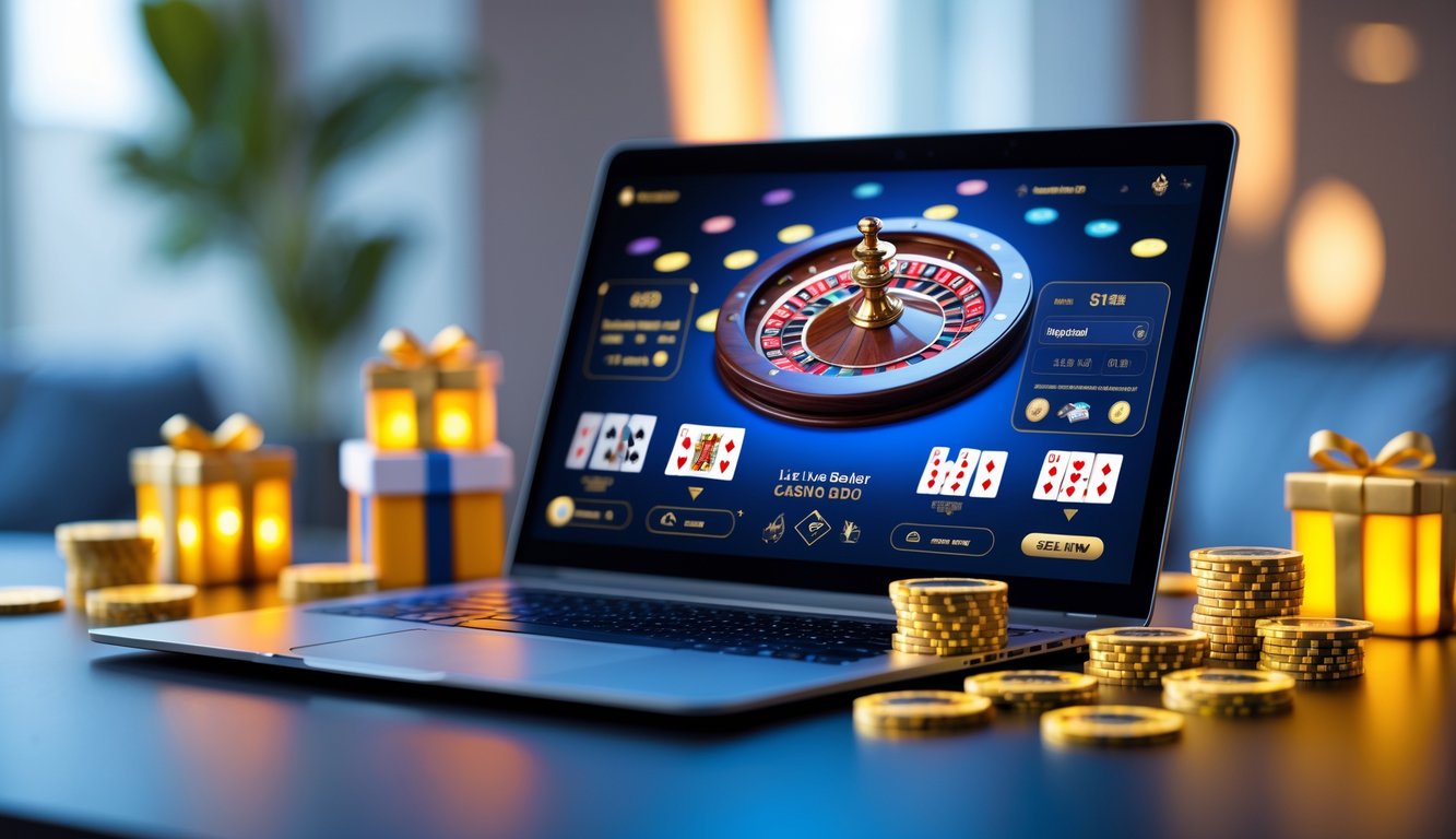 Seorang pemain menggunakan laptop untuk bermain kasino langsung online dengan dealer dan permainan kartu serta roda roulette terlihat di layar.