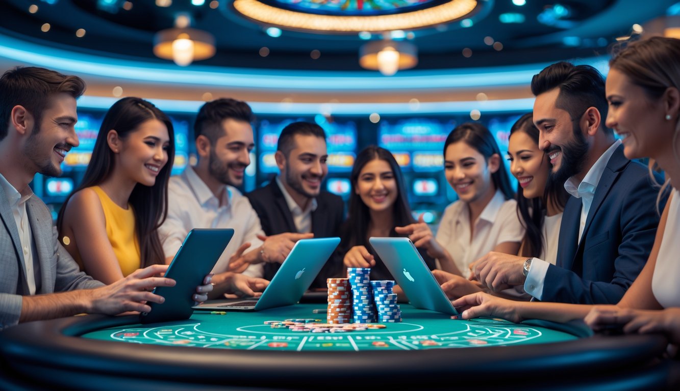 Sejumlah pemain tersenyum menggunakan perangkat digital untuk bermain kasino langsung online di lingkungan kasino modern.