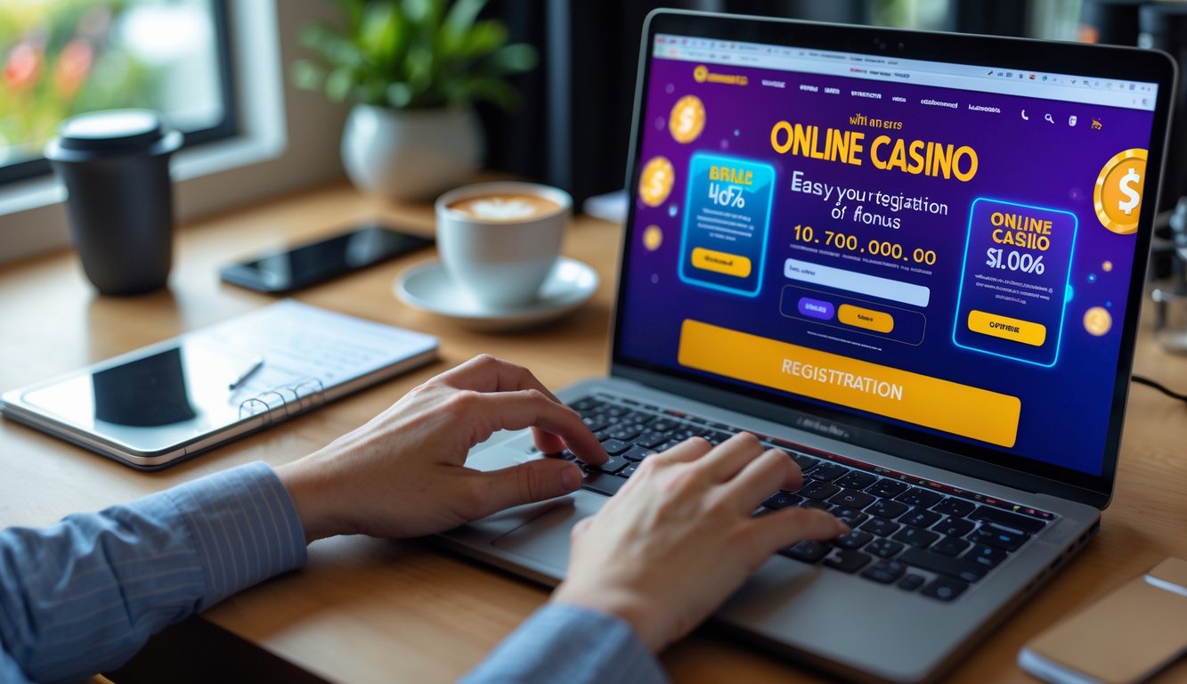 Seseorang sedang mengetik di laptop dengan tampilan situs kasino online di layar, dikelilingi oleh alat tulis dan ponsel di meja kerja.