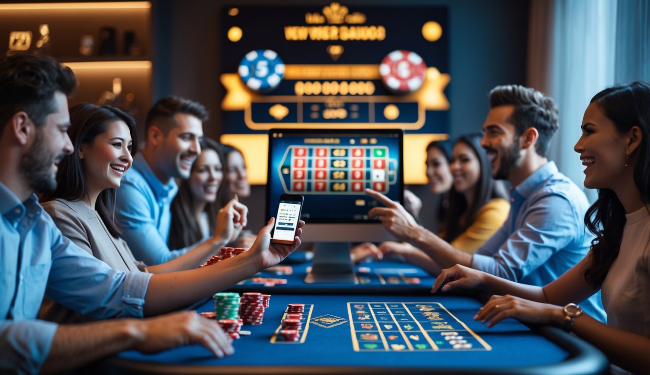 Orang-orang bermain kasino online dengan dealer langsung dan berbagai peralatan permainan di layar komputer dan ponsel.