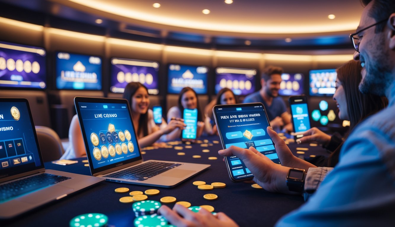 Orang-orang menggunakan perangkat digital bermain permainan kasino langsung dengan suasana yang ceria dan fokus di sebuah ruangan modern.