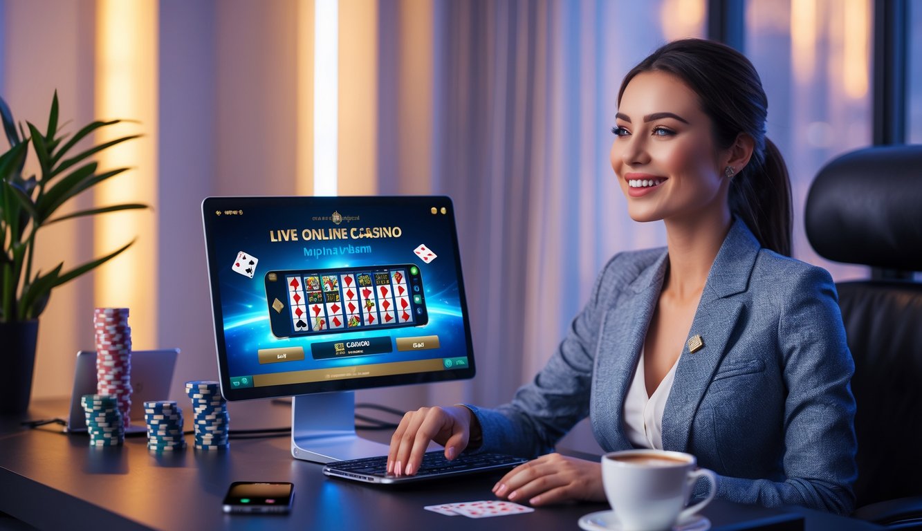 Seorang wanita muda duduk di depan laptop bermain permainan kasino langsung online dengan ekspresi senang di ruangan yang nyaman.