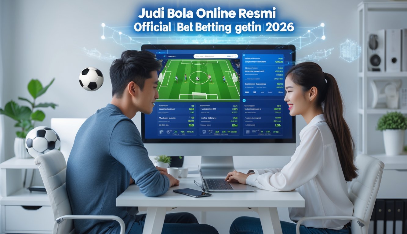 Dua orang muda duduk di depan komputer yang menampilkan pertandingan sepak bola dan statistik taruhan, di ruang kerja modern dengan dekorasi sepak bola.