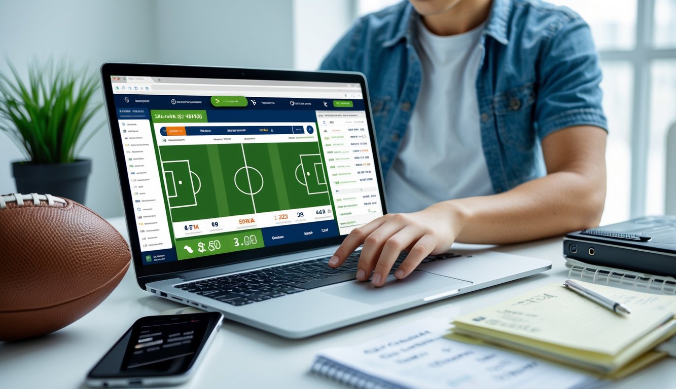 Seorang pemuda sedang menggunakan laptop dengan tampilan situs judi bola online, di meja terdapat bola sepak dan ponsel dengan notifikasi taruhan, suasana ruangan bersih dan terang.