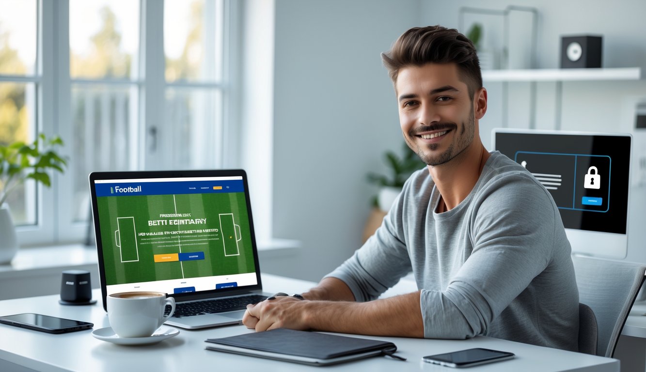 Seorang pria muda duduk di meja dengan laptop terbuka menampilkan situs taruhan bola, tampak percaya diri dan puas di ruang kerja yang terang dan rapi.
