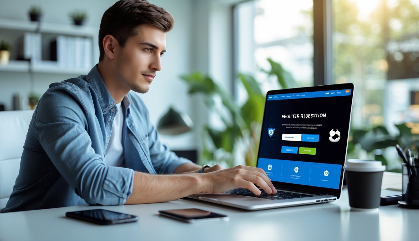 Seorang pria muda sedang duduk di meja kerja modern sambil menggunakan laptop untuk mendaftar layanan online dengan suasana kantor yang terang dan rapi.