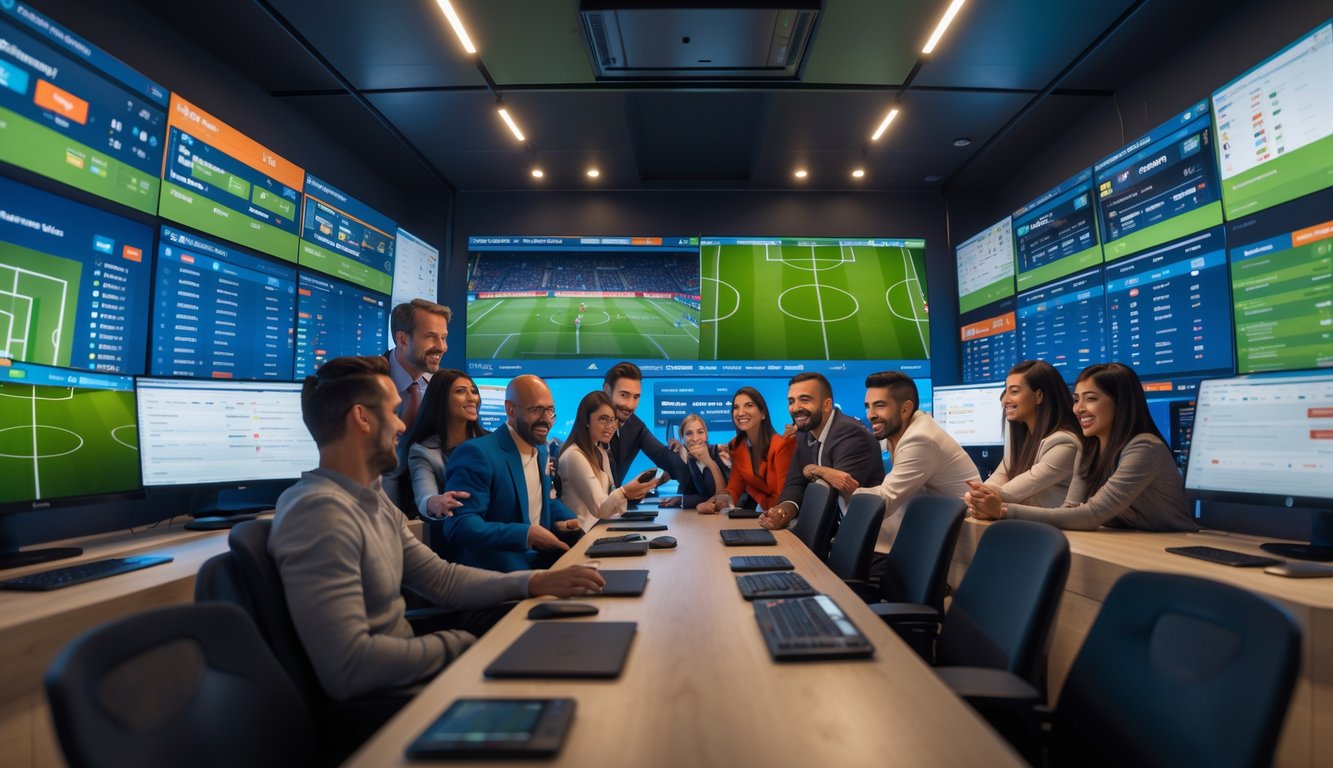 Sekelompok orang sedang menggunakan komputer dan ponsel untuk bertaruh pada pertandingan sepak bola secara online di ruangan modern.