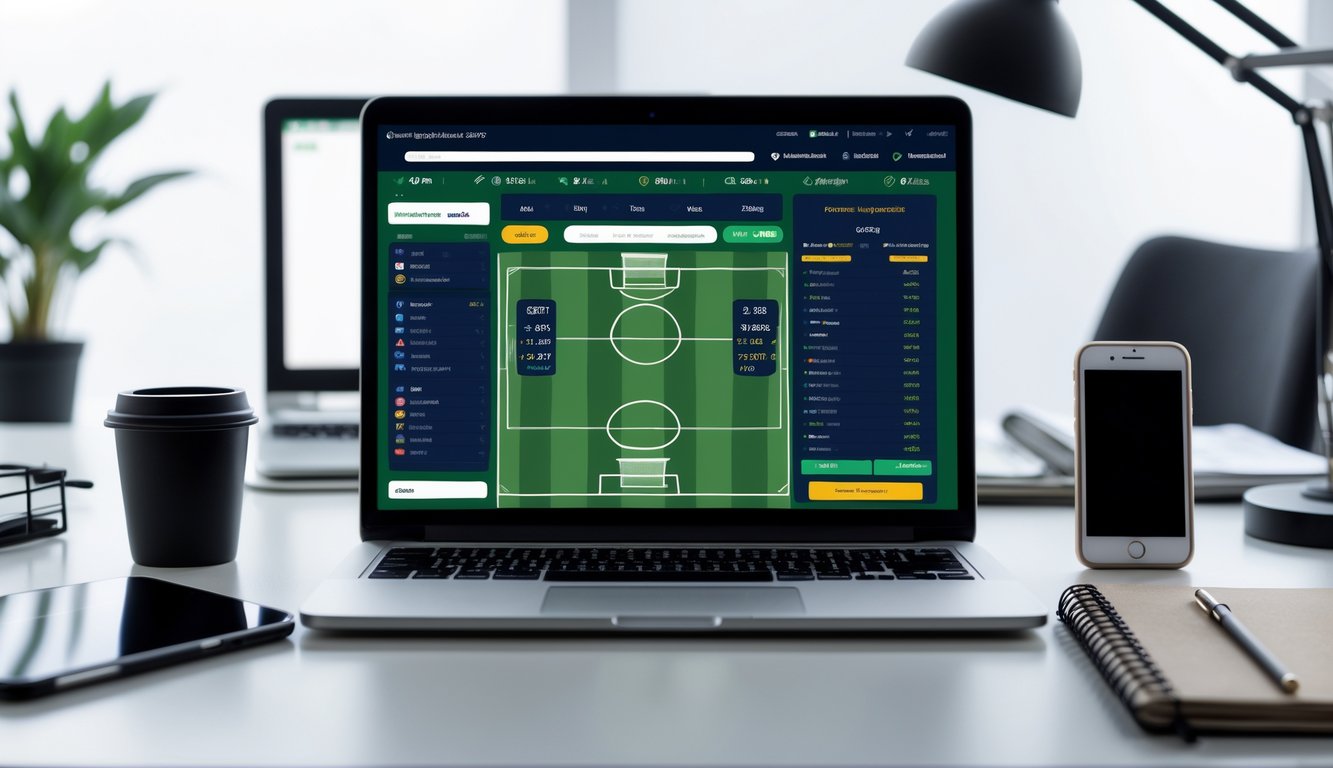 Seorang pria menggunakan laptop dengan tampilan situs taruhan bola online di layar, dikelilingi oleh ponsel dan cangkir kopi di meja kerja yang rapi.