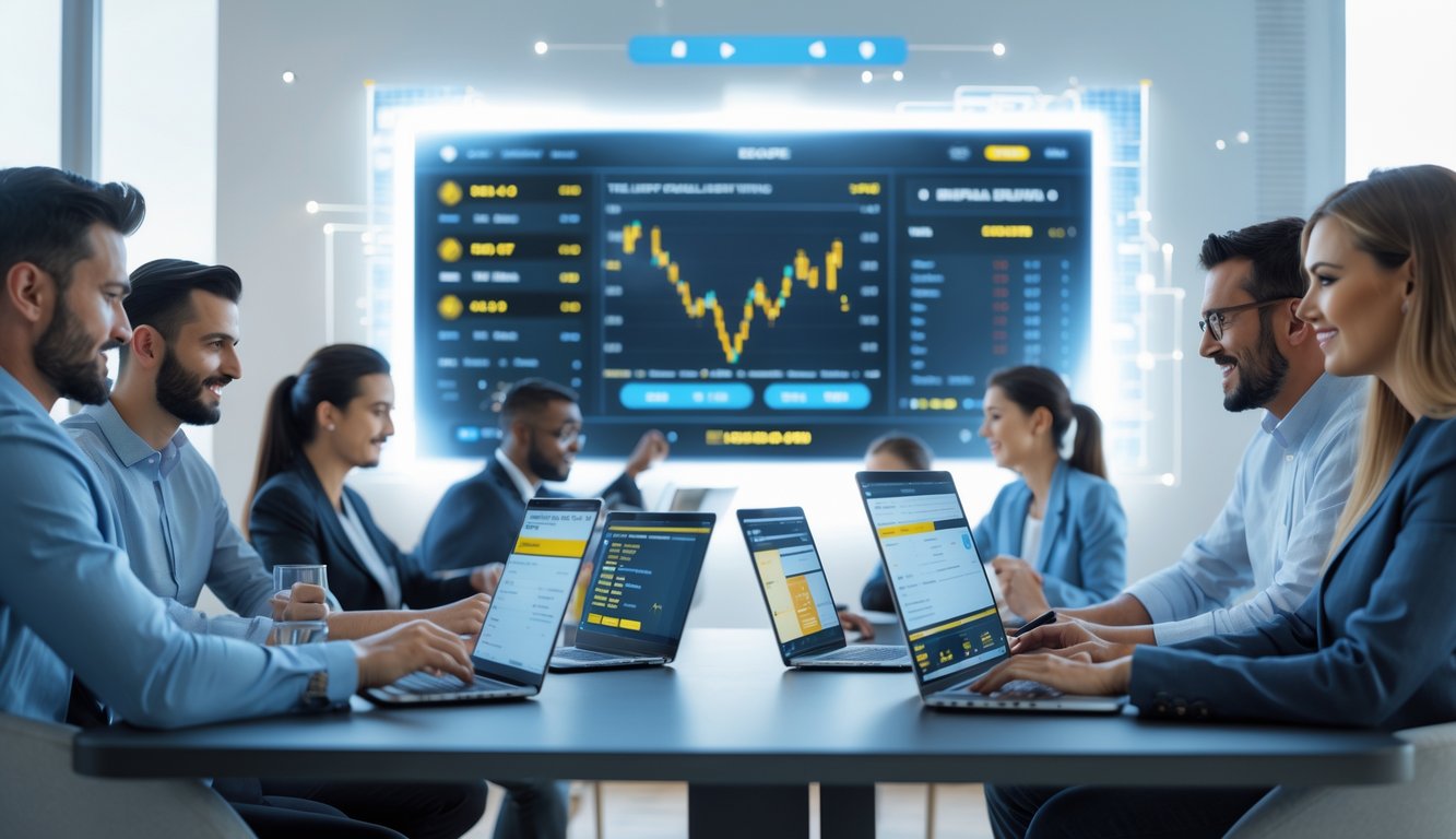 Beberapa orang sedang menggunakan perangkat digital untuk memasang taruhan dan menganalisis data pertandingan sepak bola secara online.