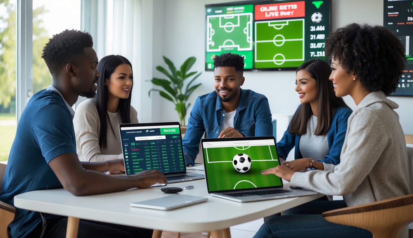 Beberapa orang sedang menggunakan perangkat digital untuk melihat pertandingan sepak bola dan peluang taruhan secara online di ruang kerja modern.