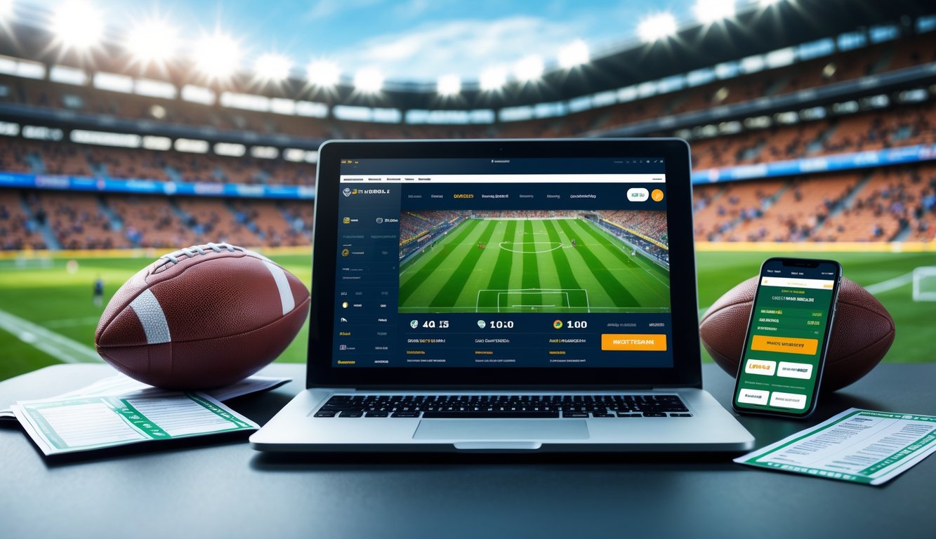 Seorang pria duduk di depan laptop dengan tampilan situs taruhan sepak bola online, di meja terdapat bola sepak dan ponsel dengan aplikasi taruhan, latar belakang stadion sepak bola besar dengan lampu sorot menyala.