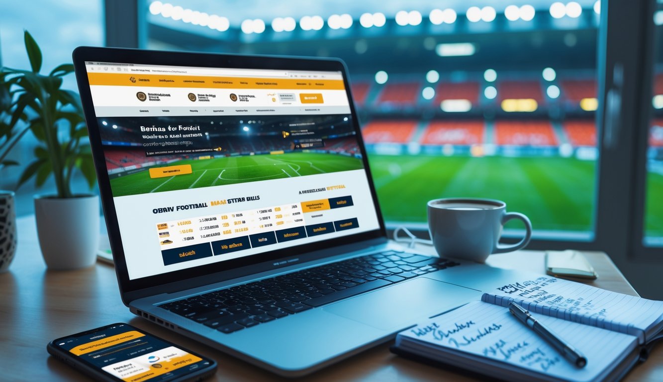 Meja kerja dengan laptop menampilkan situs taruhan sepak bola, ponsel dengan aplikasi taruhan, catatan strategi, dan latar belakang stadion sepak bola.