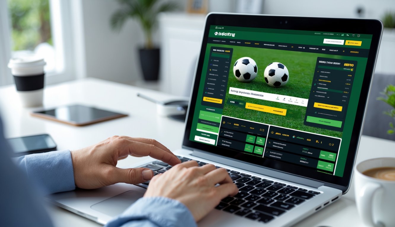 Orang menggunakan komputer dengan tampilan situs taruhan sepak bola online, di lingkungan rumah atau kantor yang nyaman.