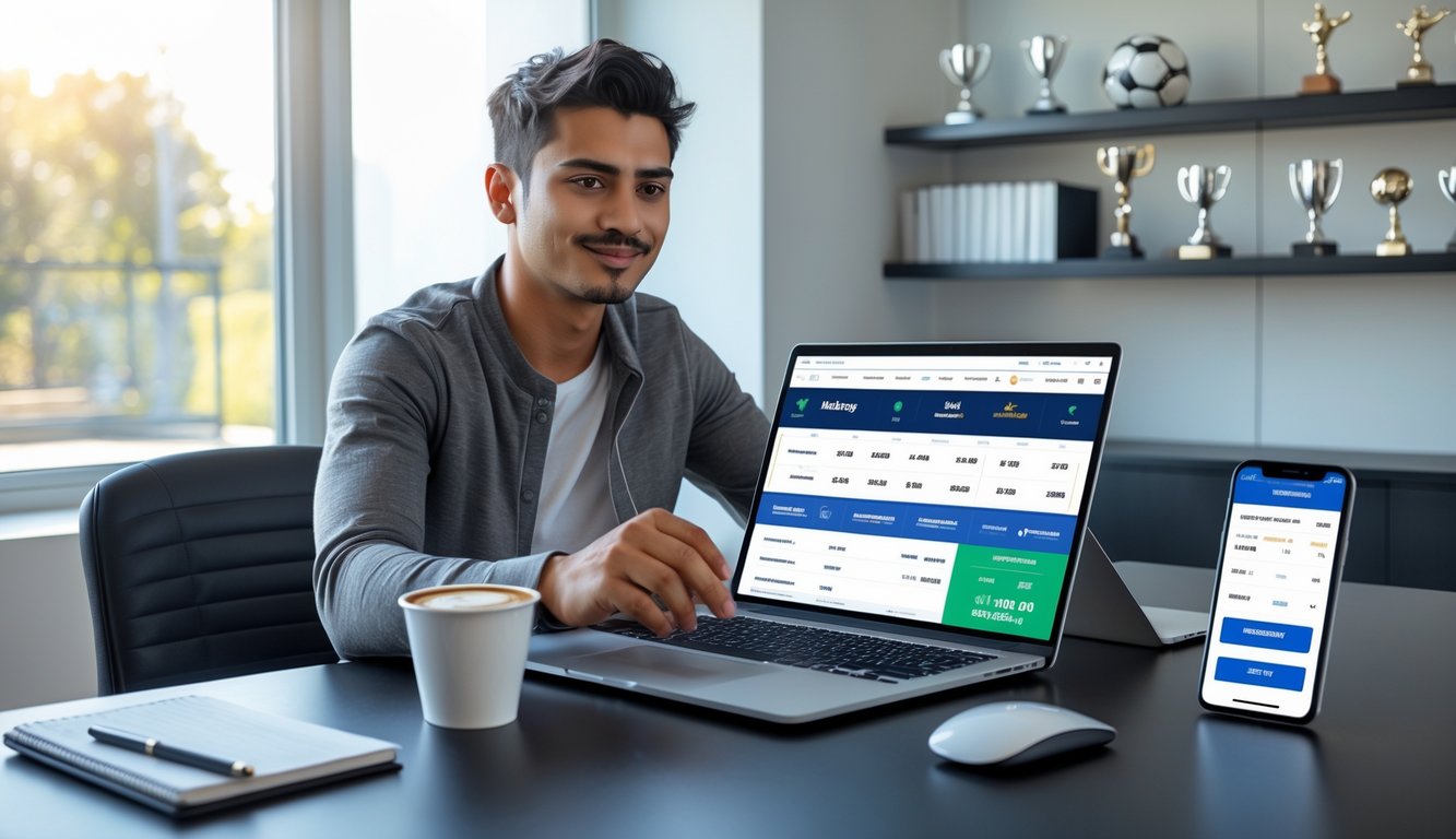 Seorang pria muda duduk di meja modern menggunakan laptop dengan tampilan situs taruhan bola, di ruang terang dengan jendela besar dan beberapa trofi olahraga di latar belakang.