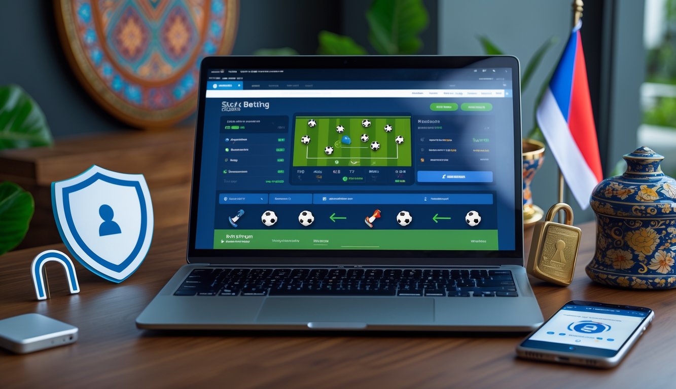 Sebuah ruang kerja modern dengan laptop yang menampilkan platform taruhan olahraga online dan elemen keamanan seperti ikon gembok dan perisai, dengan latar belakang yang menampilkan bendera Indonesia kecil.
