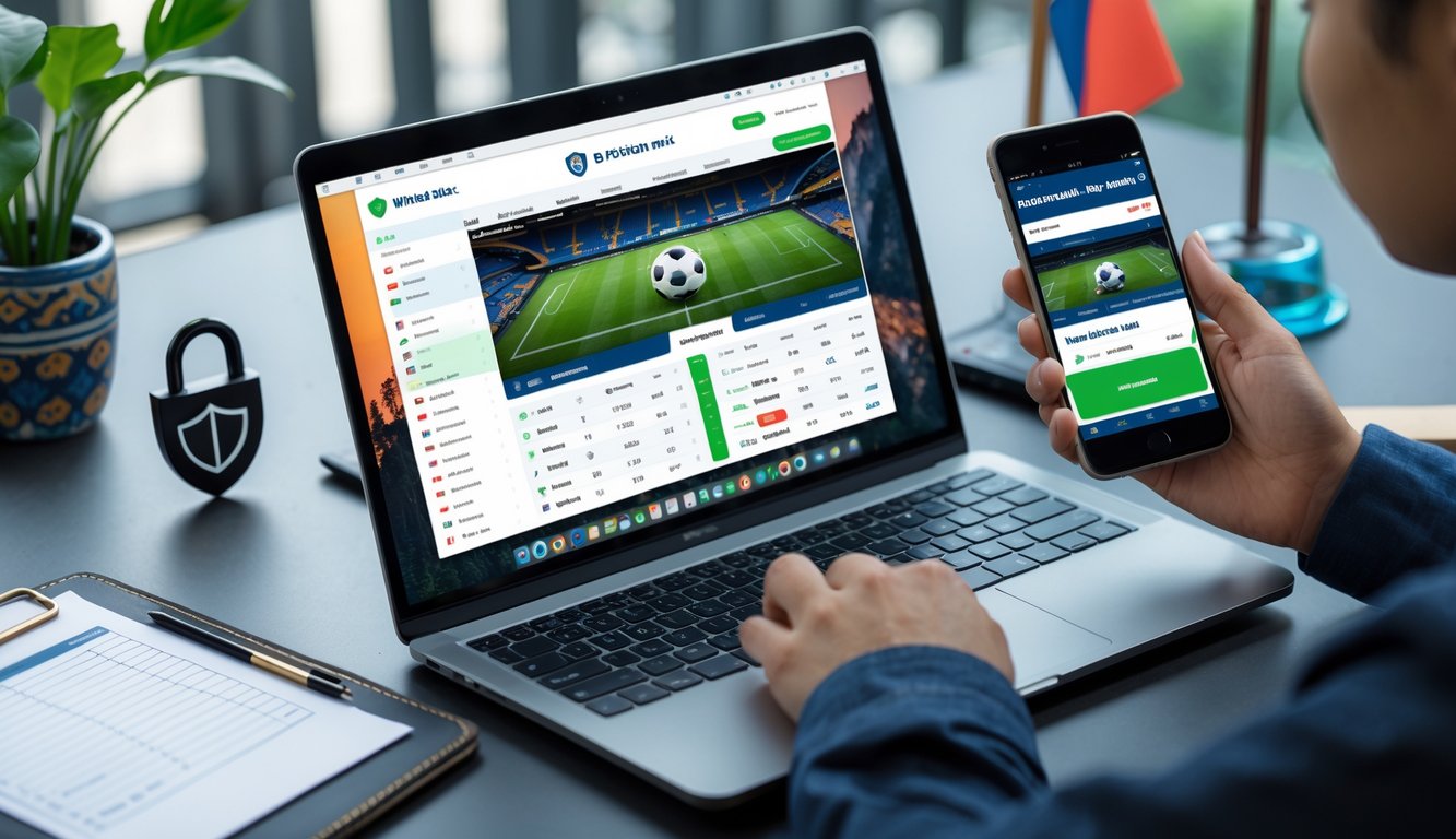 Seorang pengguna menggunakan laptop dan ponsel untuk mengakses situs judi bola online yang aman, dengan simbol keamanan dan elemen budaya Indonesia di sekitar meja kerja.