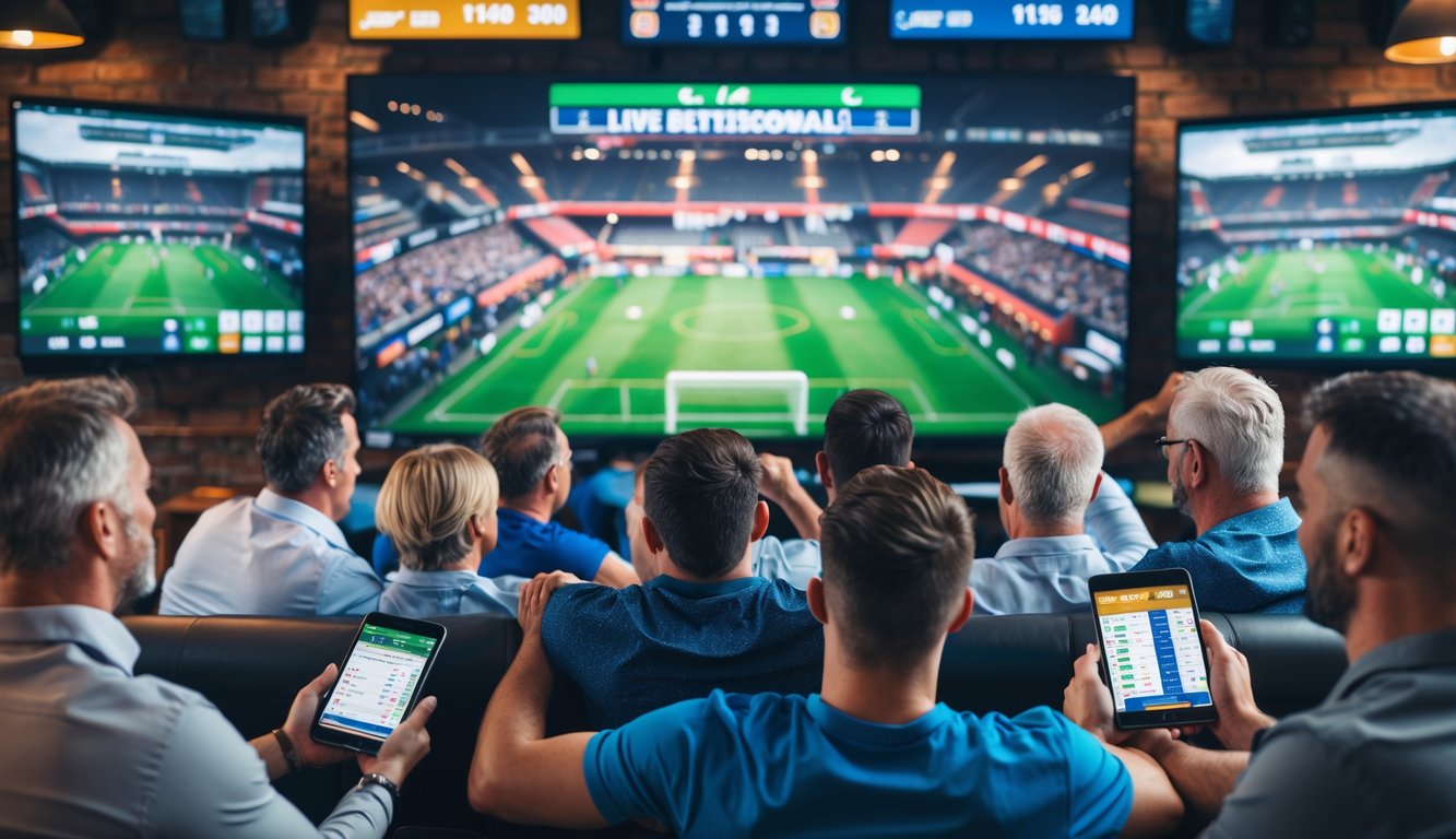 Sekelompok orang menonton pertandingan sepak bola secara langsung di bar olahraga dengan layar dan perangkat elektronik di sekitar mereka.