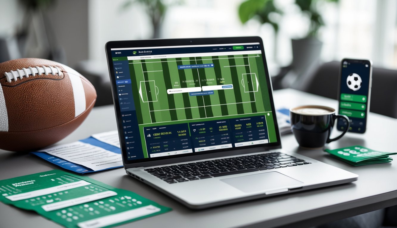 Seorang pria menggunakan laptop dengan tampilan situs taruhan sepak bola online, dikelilingi bola sepak, slip taruhan, dan ponsel di meja kerja.