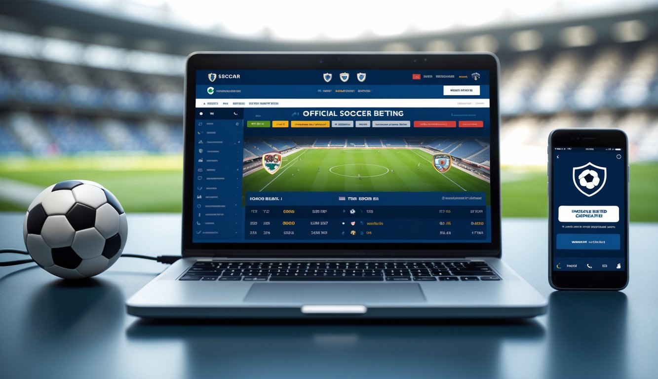 Seorang pria menggunakan laptop di meja kerja dengan tampilan situs taruhan sepak bola resmi di layar, dikelilingi oleh simbol keamanan dan perangkat digital.