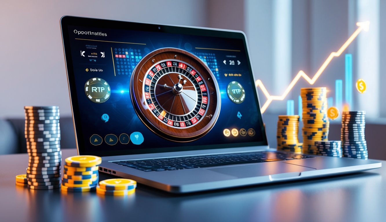 Seseorang menggunakan komputer dengan tampilan roda roulette digital yang berputar, dikelilingi oleh tumpukan chip poker dan grafik pertumbuhan di latar belakang.