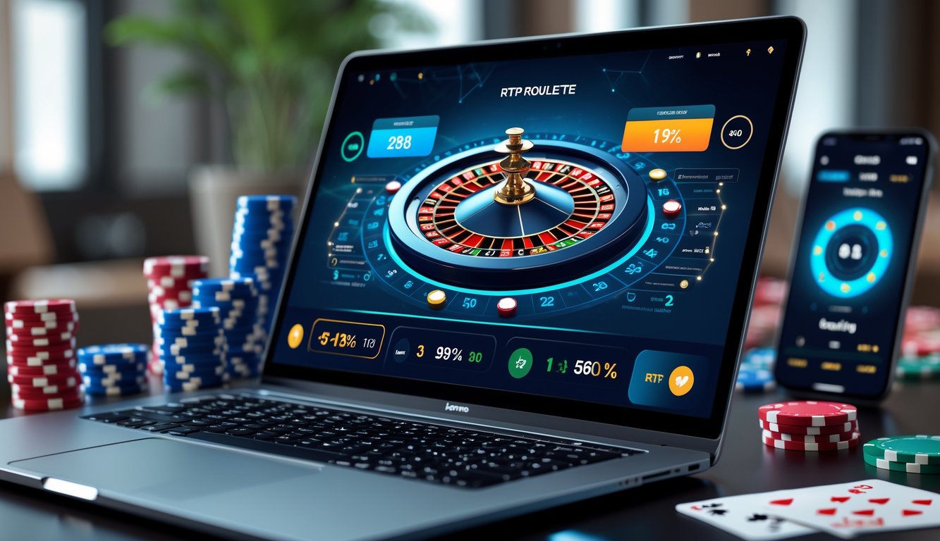 Seorang pemain sedang menggunakan laptop dengan tampilan roda roulette online dan grafik statistik peluang menang di meja permainan.