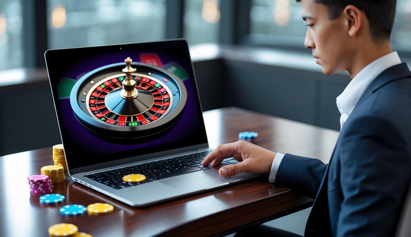 Seorang pemain cerdas sedang menggunakan komputer dengan tampilan roda roulette digital di meja kerja yang rapi.