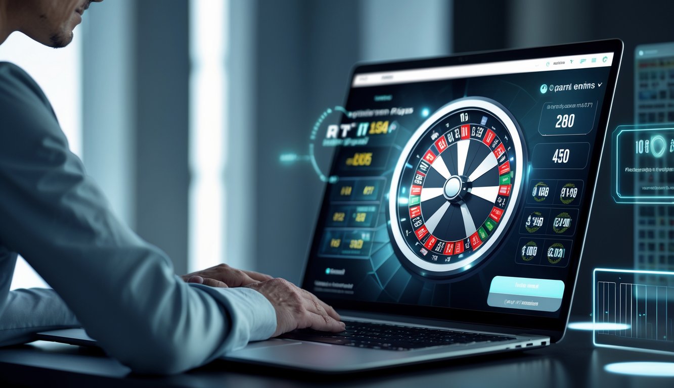 Seorang pemain dewasa duduk di depan laptop dengan tampilan roulette online, terlihat fokus dan percaya diri dalam memilih situs roulette terpercaya.
