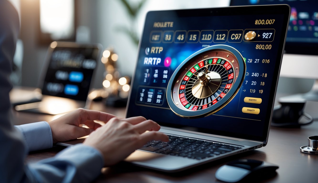 Seseorang menggunakan komputer dengan tampilan roda roulette digital yang menyala di layar, di meja modern dengan pencahayaan lembut.