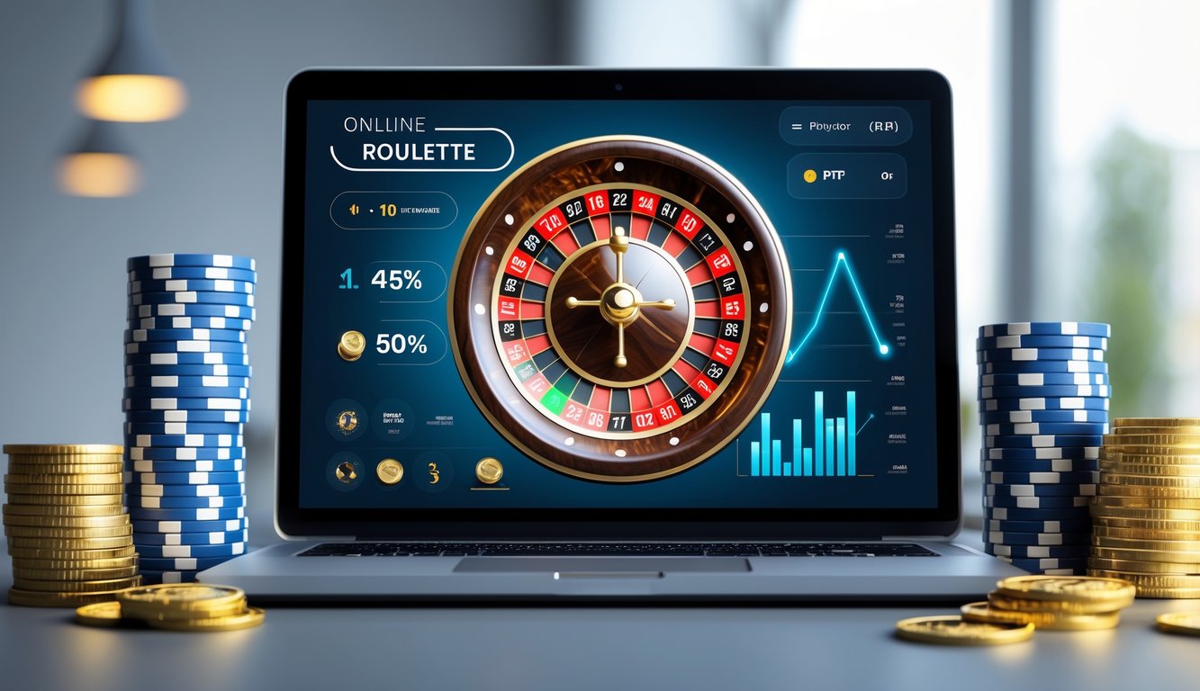 Sebuah komputer menampilkan roda roulette digital dengan tumpukan chip poker dan koin emas di sekitarnya, menunjukkan suasana permainan roulette online yang menguntungkan.