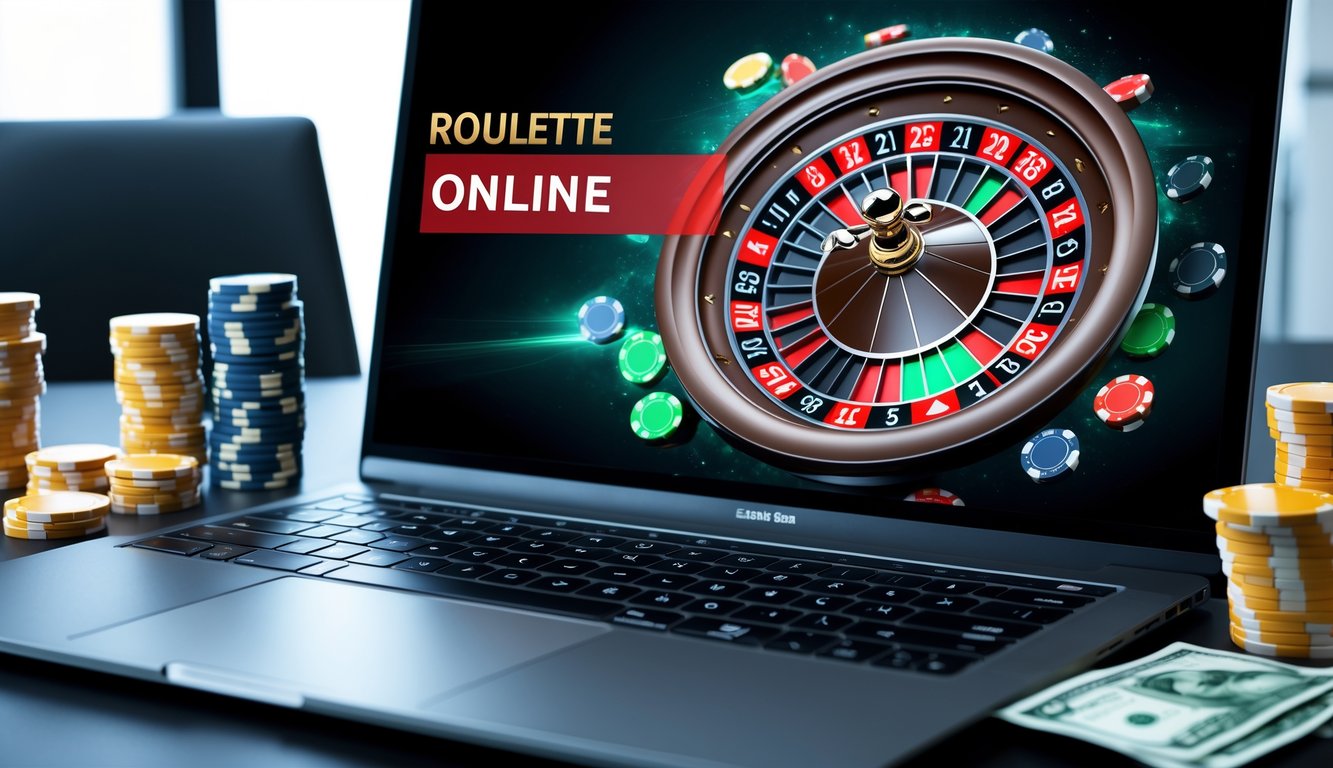Sebuah layar komputer menampilkan roda roulette online yang berputar dengan chip poker dan uang di sekitarnya.