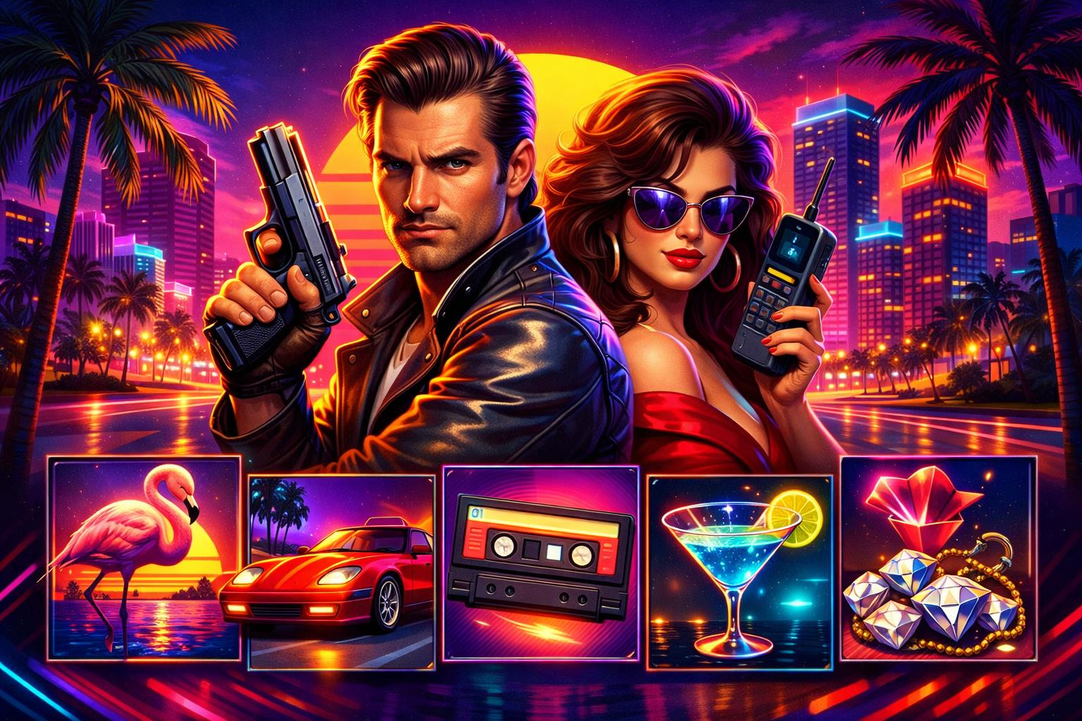 A NeonLit Miami Cityscape At Night With Palm Trees And Two Stylish Characters In Front, Surrounded By Colorful Slot Machine Symbols.