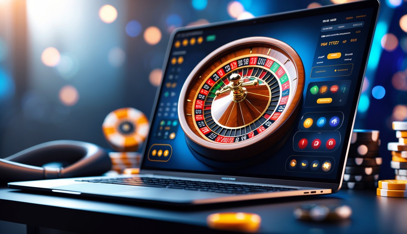 Sebuah meja dengan komputer menampilkan permainan roulette online dengan roda roulette yang berwarna-warni dan jelas.