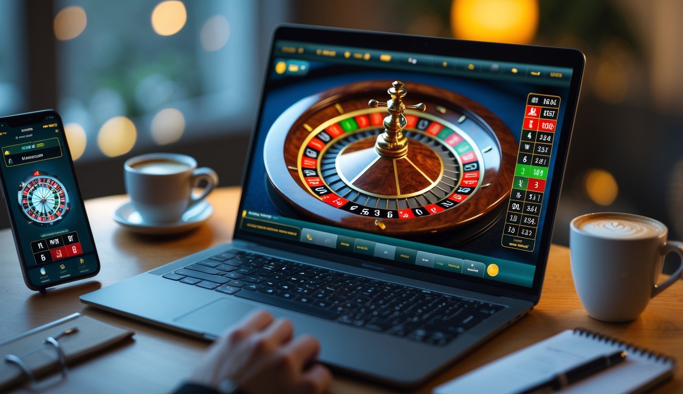 Sebuah layar komputer menampilkan permainan roulette online dengan roda roulette dan bola yang sedang berputar, di sekitar layar terdapat ponsel, secangkir kopi, dan buku catatan.