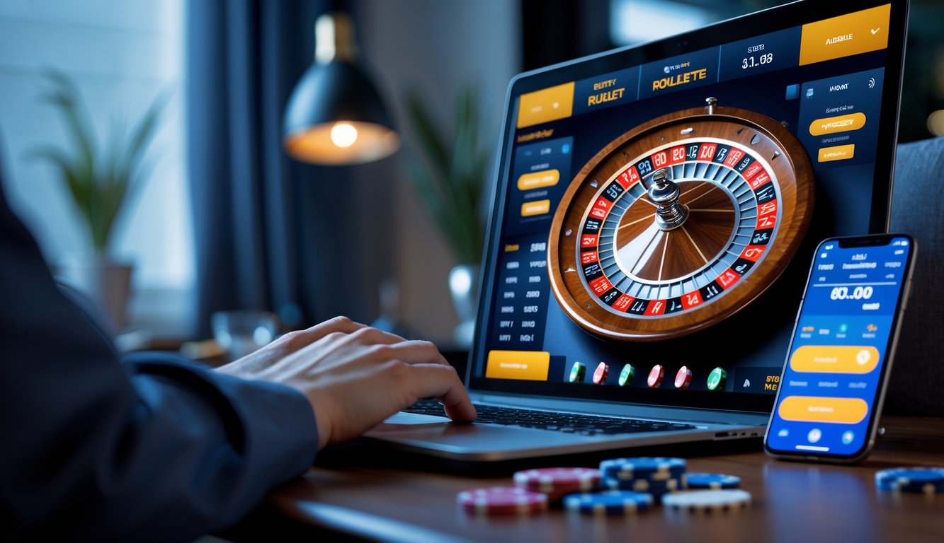 Seorang pemain menggunakan komputer dengan tampilan roda roulette online yang berwarna-warni dan beberapa chip poker di meja.