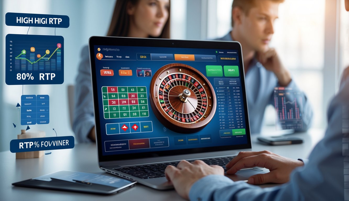 Seorang pemain fokus menggunakan komputer dengan tampilan roda roulette digital dan grafik RTP tinggi di layar.