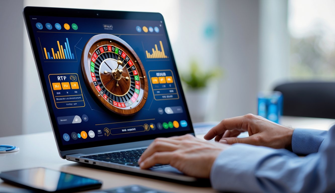 Seorang pemain berpengalaman sedang bermain roulette online di laptop dengan tampilan roda roulette digital dan grafik peluang kemenangan.