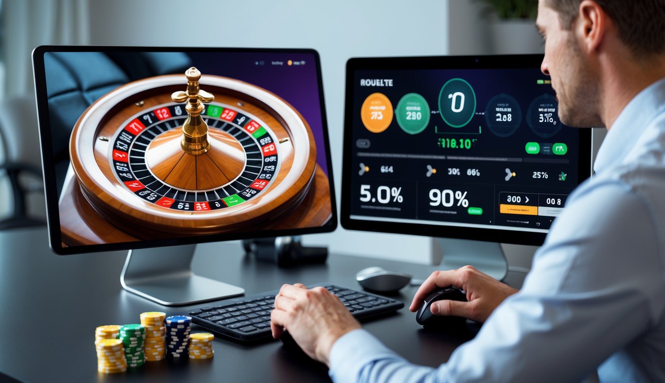 Seorang pemain berpengalaman sedang memasang taruhan pada permainan roulette online di depan layar komputer dengan roda roulette yang berputar.