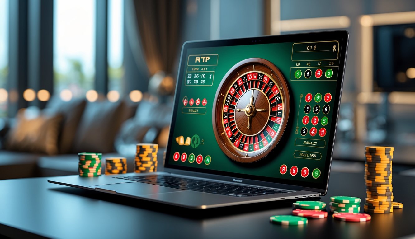 Sebuah meja dengan komputer menampilkan roda roulette online yang berwarna-warni dan chip digital di sekitarnya.