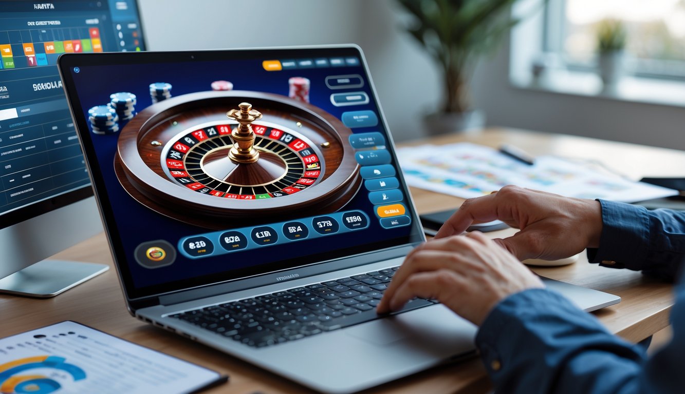 Seseorang sedang bermain roulette online di laptop dengan tampilan roda roulette dan meja taruhan di layar, di meja sekitar terdapat catatan dan grafik.