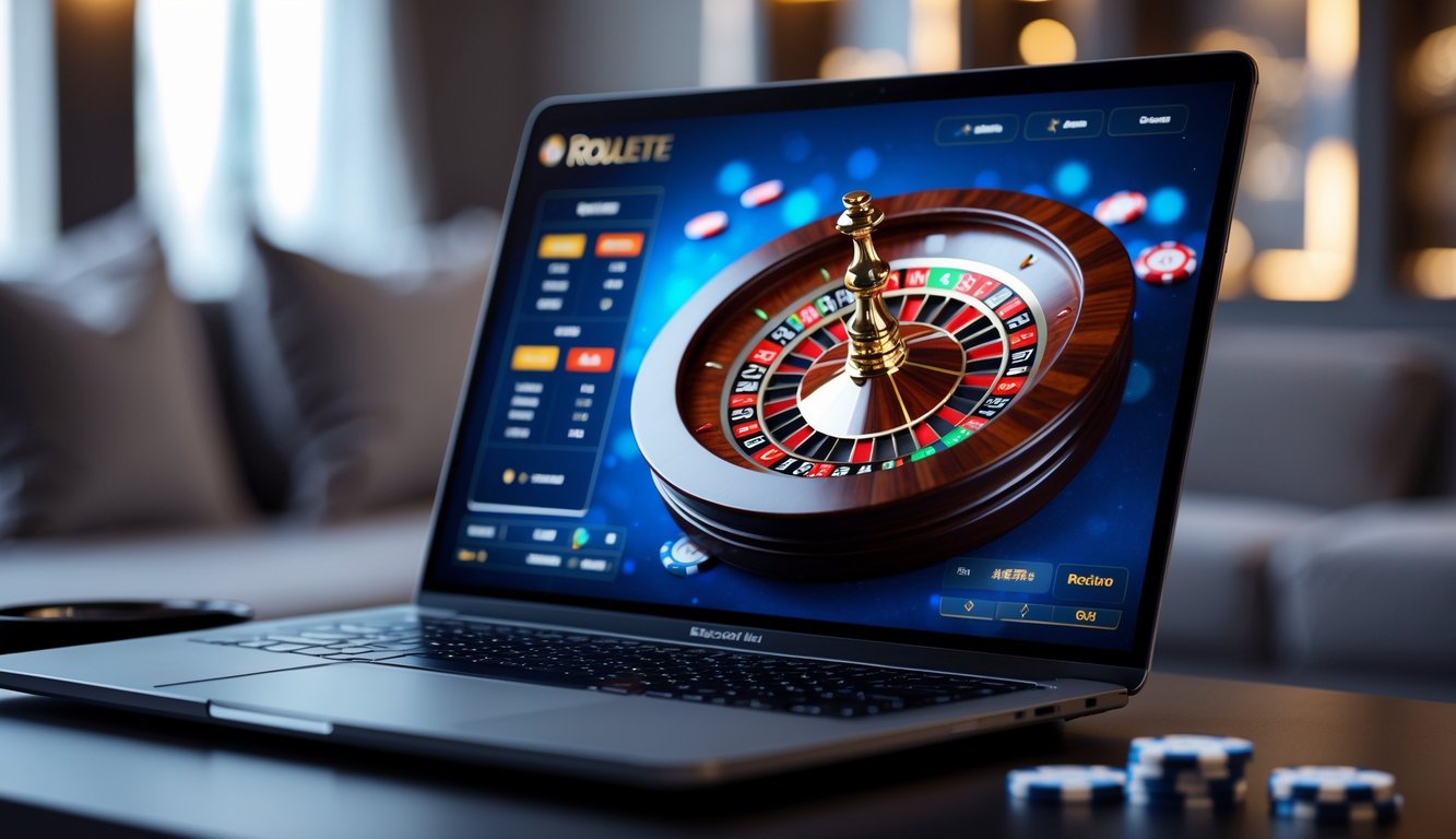 Seseorang bermain roulette online di komputer dengan roda roulette digital berputar dan chip taruhan terlihat di layar.