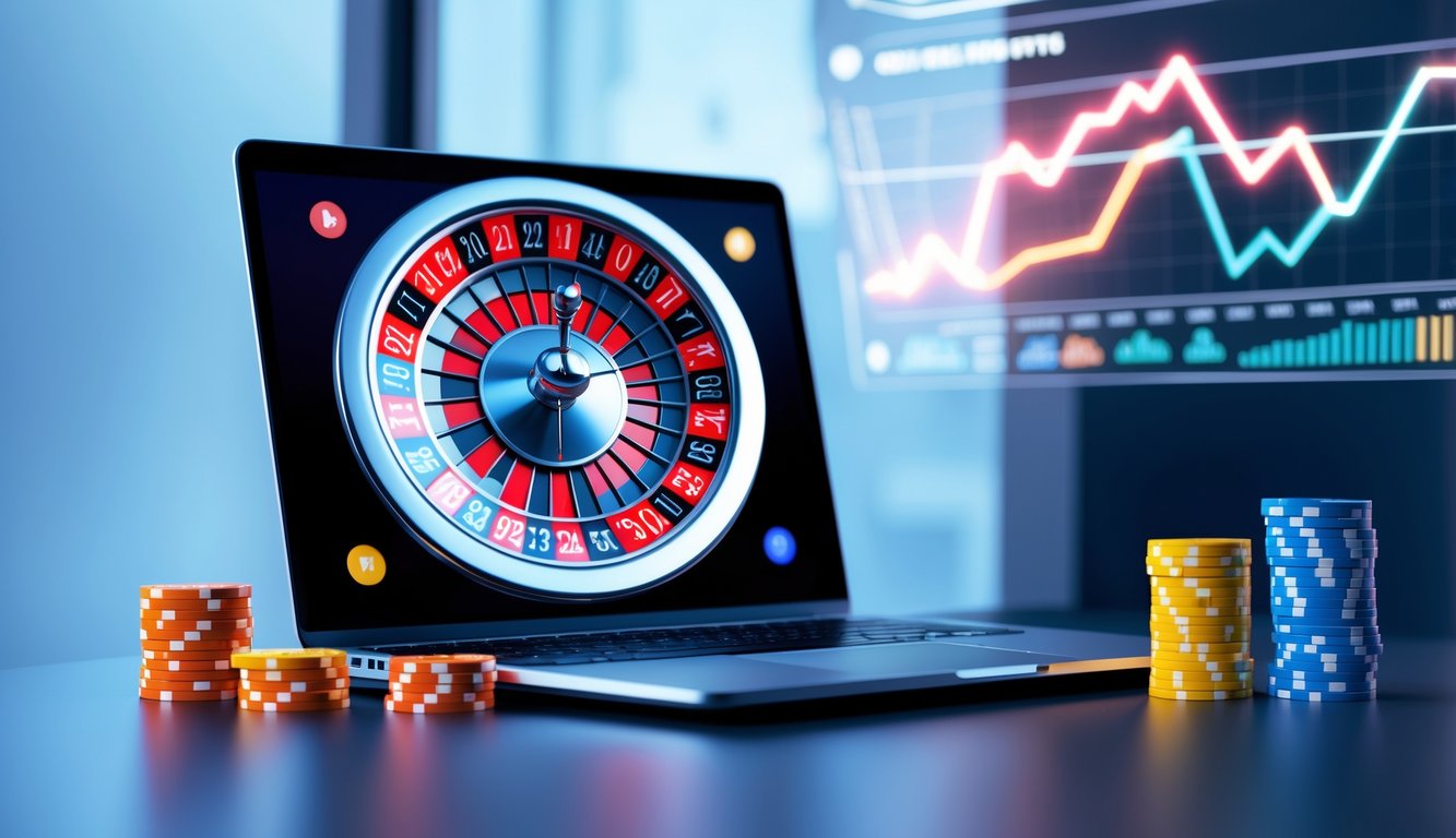 Seorang pemain sedang menggunakan laptop dengan tampilan roda roulette dan chip warna-warni di meja, di latar belakang terdapat grafik keuangan yang samar.