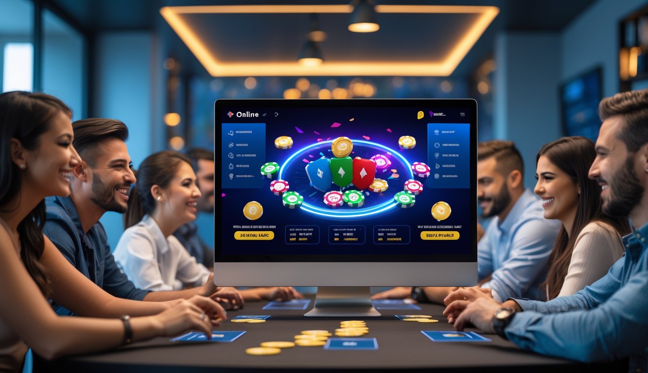 Orang-orang bermain poker online dengan laptop di lingkungan rumah atau kantor yang modern dan terang.