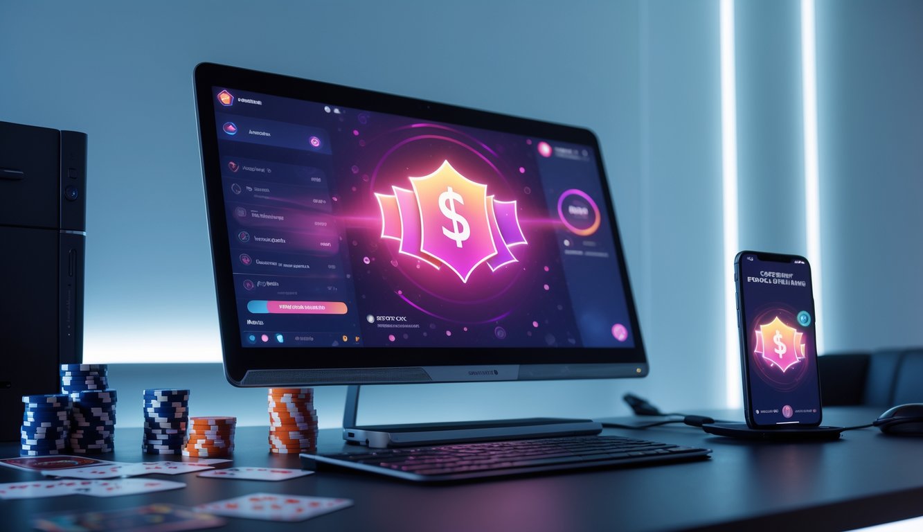 Meja kerja dengan komputer menampilkan permainan poker online, chip poker, kartu remi, dan ponsel dengan ikon bonus cashback di latar yang bersih dan terang.