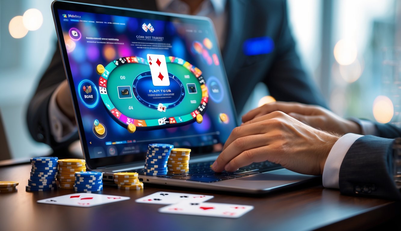 Seseorang bermain poker online di komputer dengan chip poker dan kartu terlihat di layar.