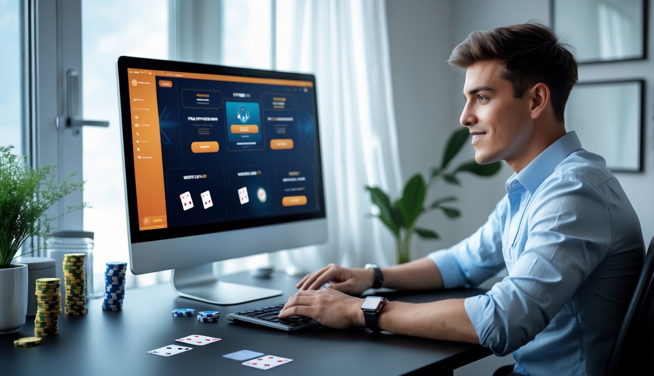 Seorang pria muda duduk di meja modern sambil bermain poker online di komputer di ruang kerja yang rapi dan terang.